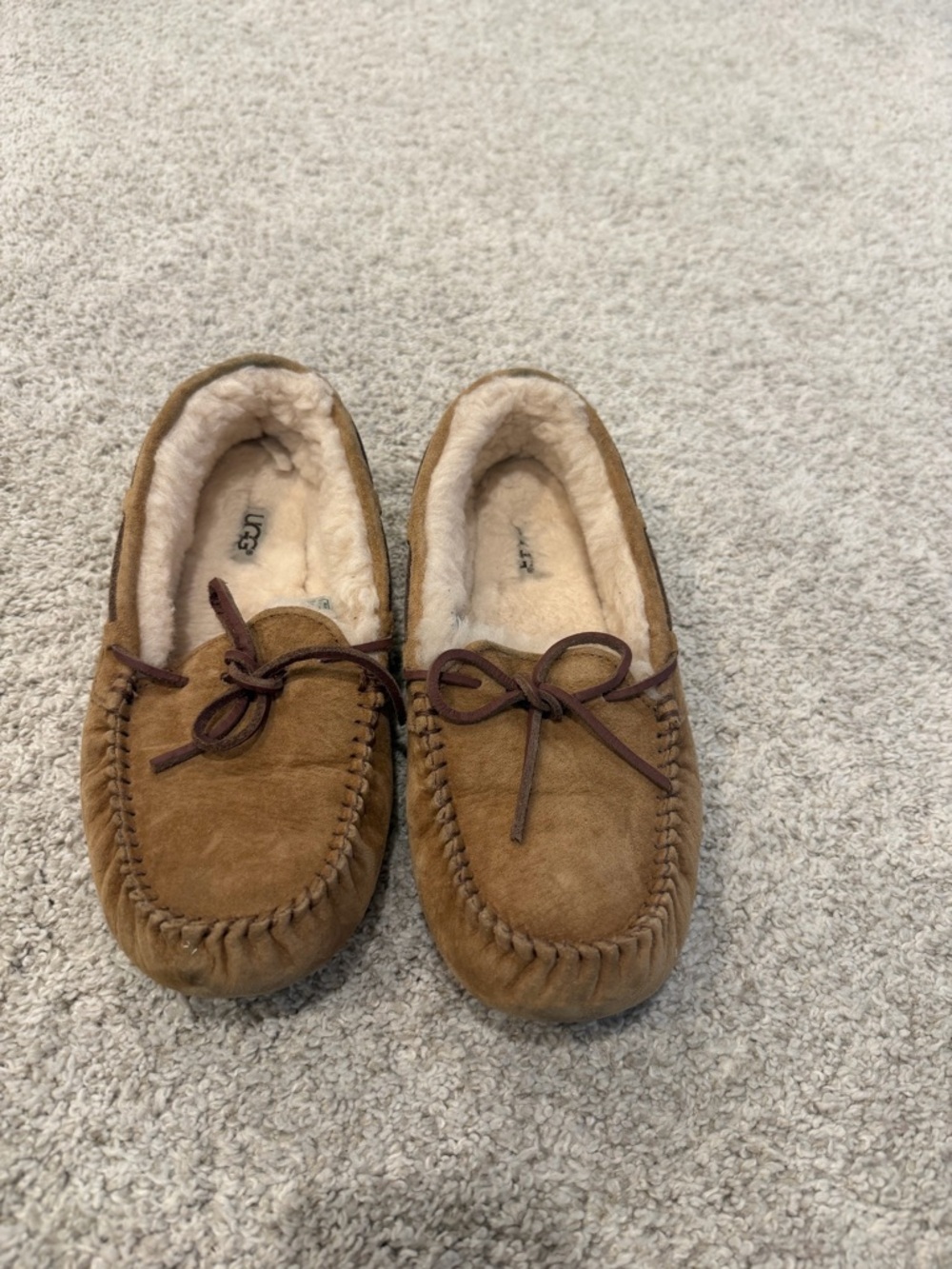 UGG Tan Suede Moccasin Slippers with Shearling - Picture 2 of 6